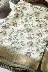 Green & Cream Colour Floral Printed Cotton Silk Saree
