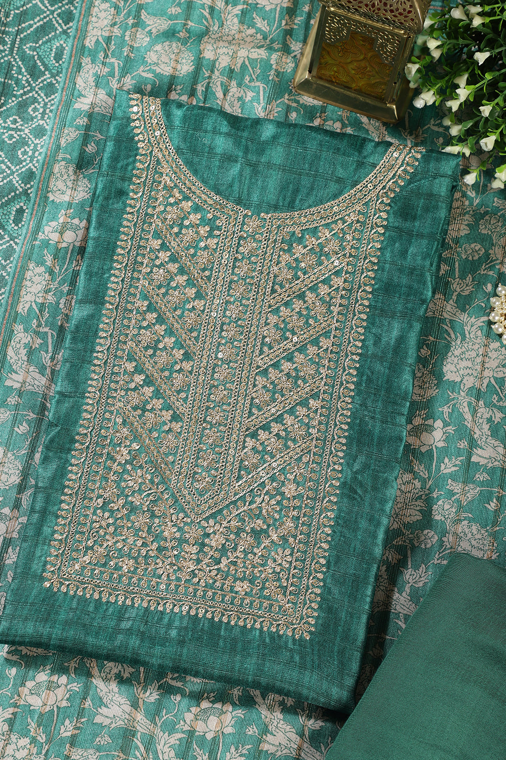 Green Tussar Silk Neck Zari Embroidered Unstitched Suit