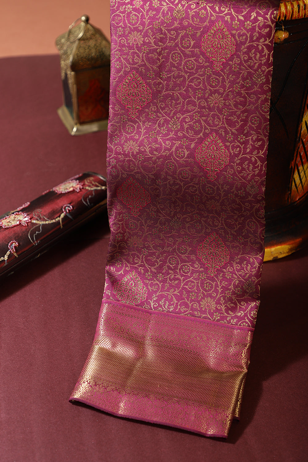 Purple Color Kanjivaram Pure Silk Handloom Gold Zari Saree with Kodi Motifs