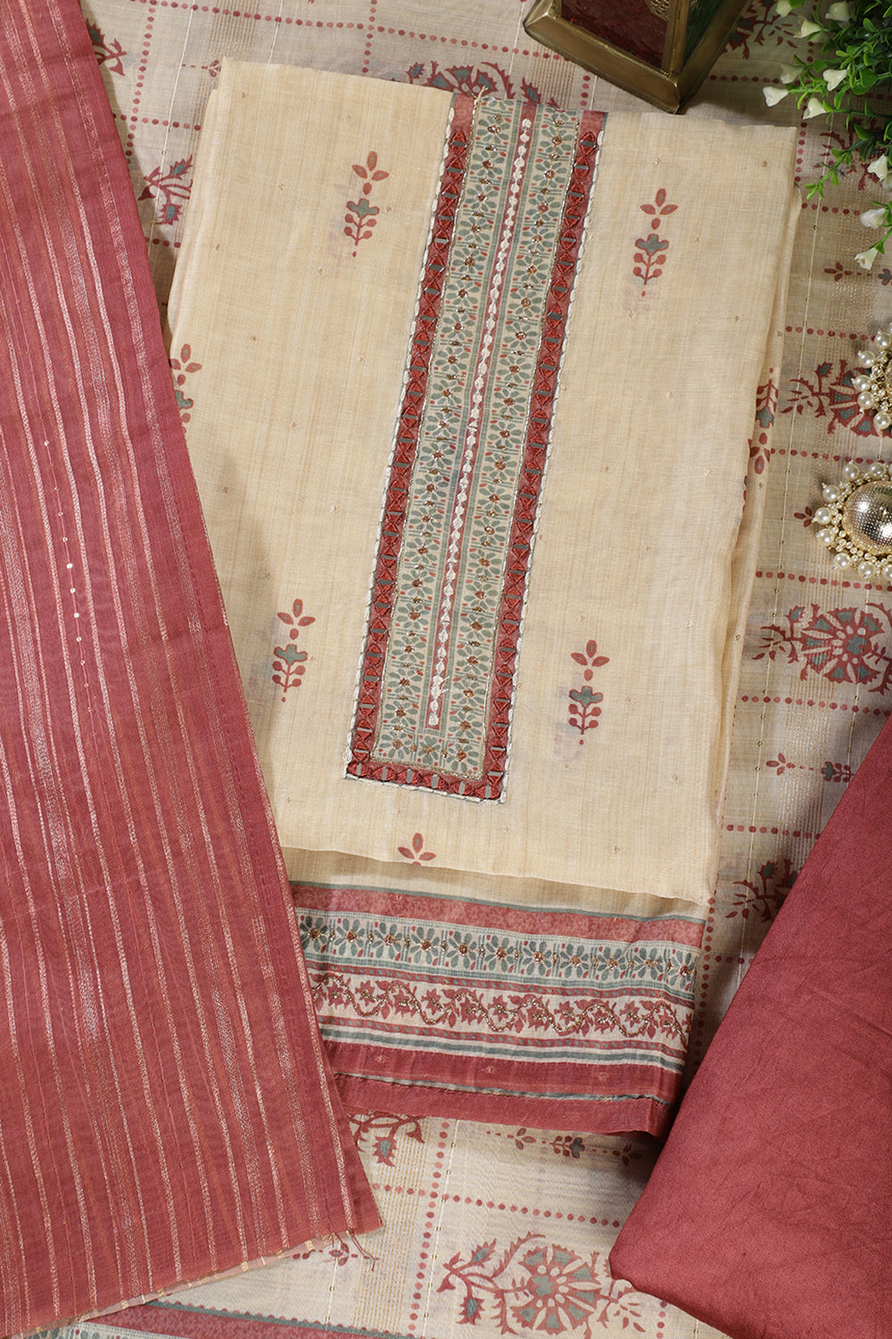 Beige & Light Maroon Chanderi Cotton Floral Printed And Neck Embroidered Unstitched Suit Material Unstitched Suit Fabric