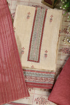Beige & Light Maroon Chanderi Cotton Floral Printed And Neck Embroidered Unstitched Suit Material Unstitched Suit Fabric