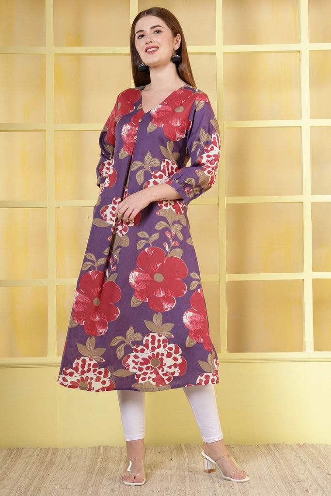 Purple Cotton Floral Printed Kurta