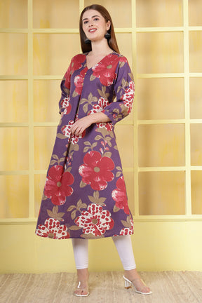 Purple Cotton Floral Printed Kurta