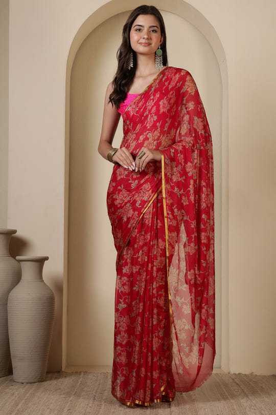 Rani Chiffon Floral Zari Border & Floral Printed Saree
