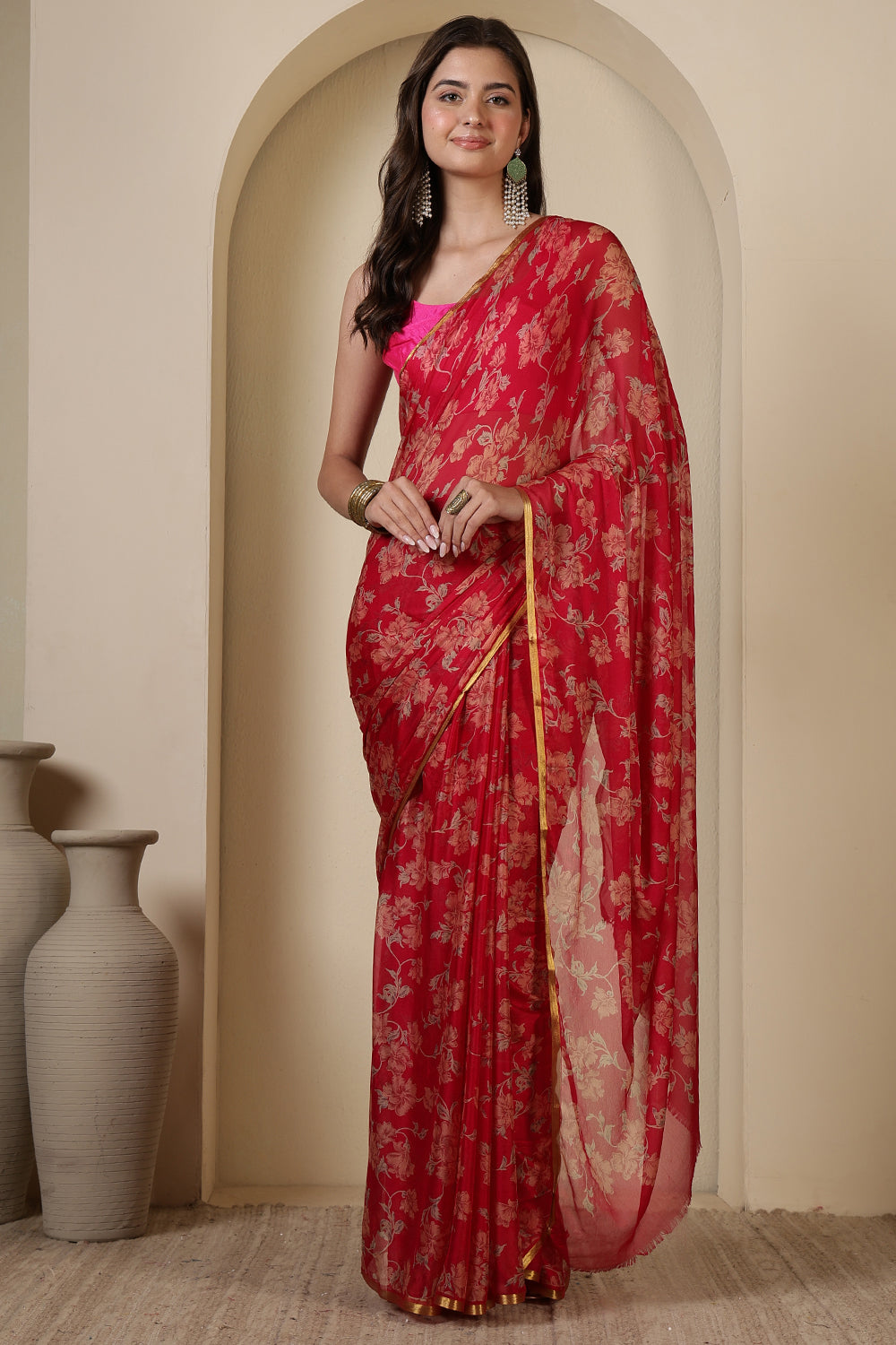 Rani Chiffon Floral Zari Border & Floral Printed Saree