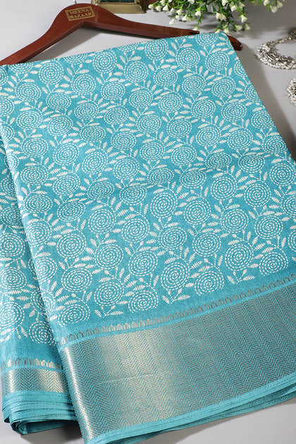Turquoise Colour Printed & Woven Cotton Silk Saree