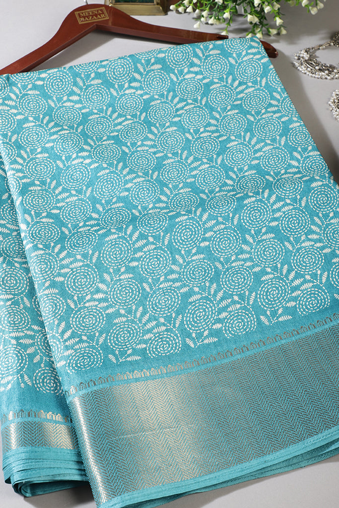Turquoise Colour Printed & Woven Cotton Silk Saree