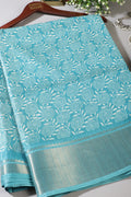 Turquoise Colour Printed & Woven Cotton Silk Saree