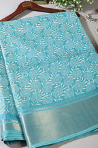 Turquoise Colour Printed & Woven Cotton Silk Saree