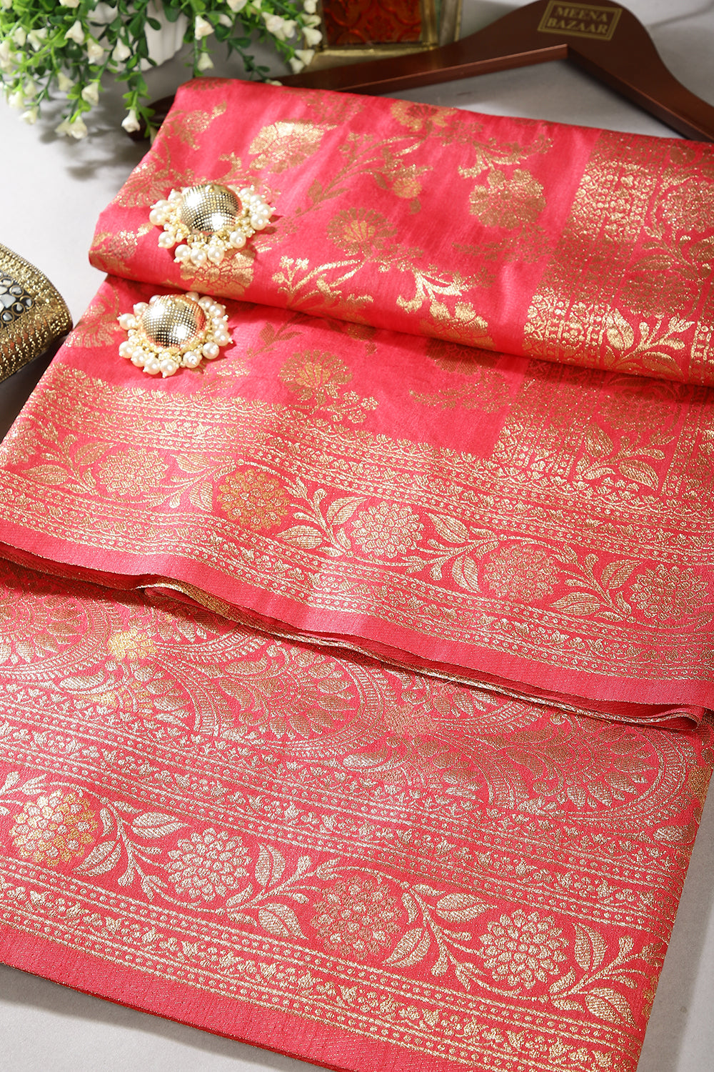 Warm Pink Color Raw Silk Woven Saree