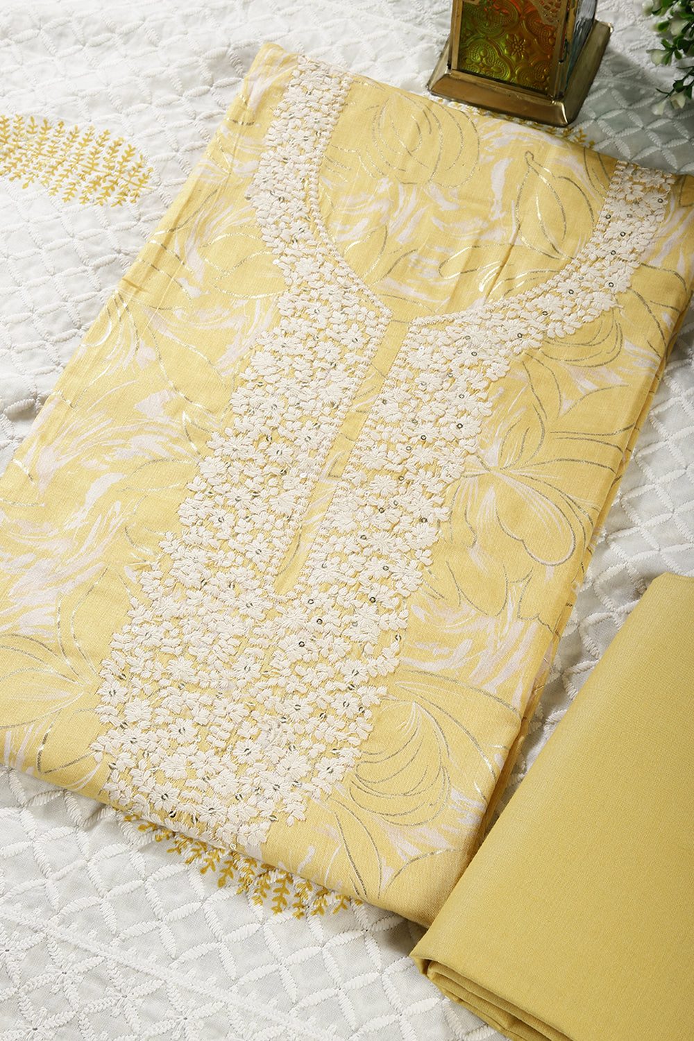 Pale Yellow Colour Cotton Printed & Resham Neck Embroidered Unstitched Suit