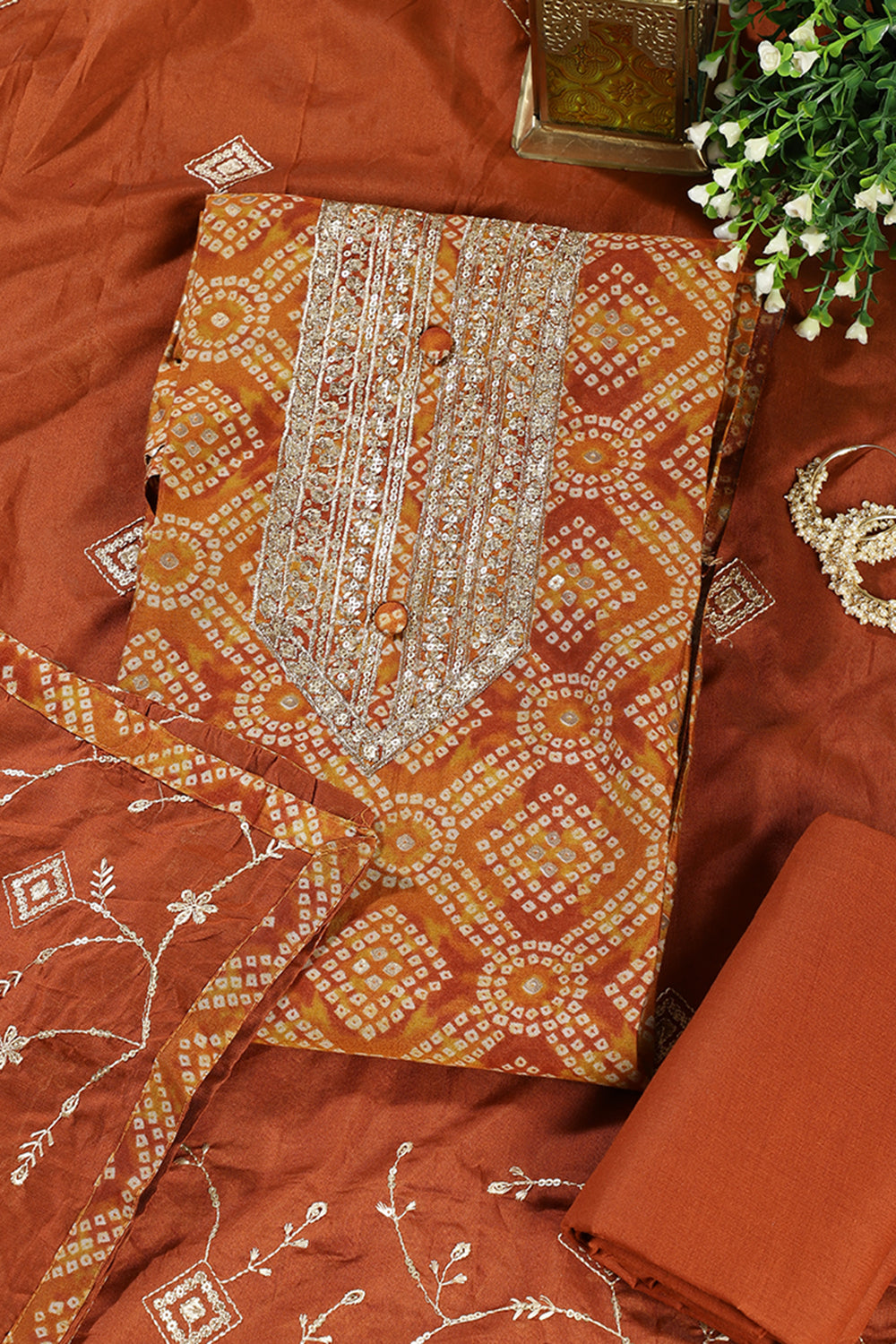 Rust Cotton Bandhani Printed & Neck Embroidered Unstitched Suit Fabric