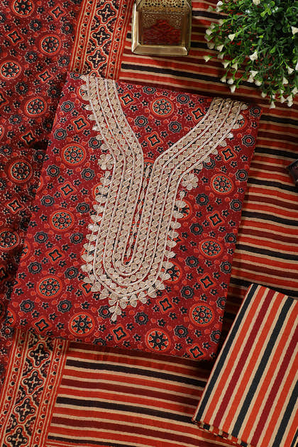 Maroon Cotton Printed & Neck Embroidered Unstitched Suit Material