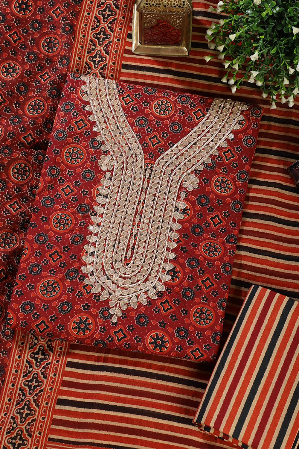 Maroon Cotton Printed & Neck Embroidered Unstitched Suit Material