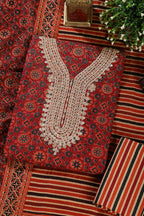 Maroon Cotton Printed & Neck Embroidered Unstitched Suit Material