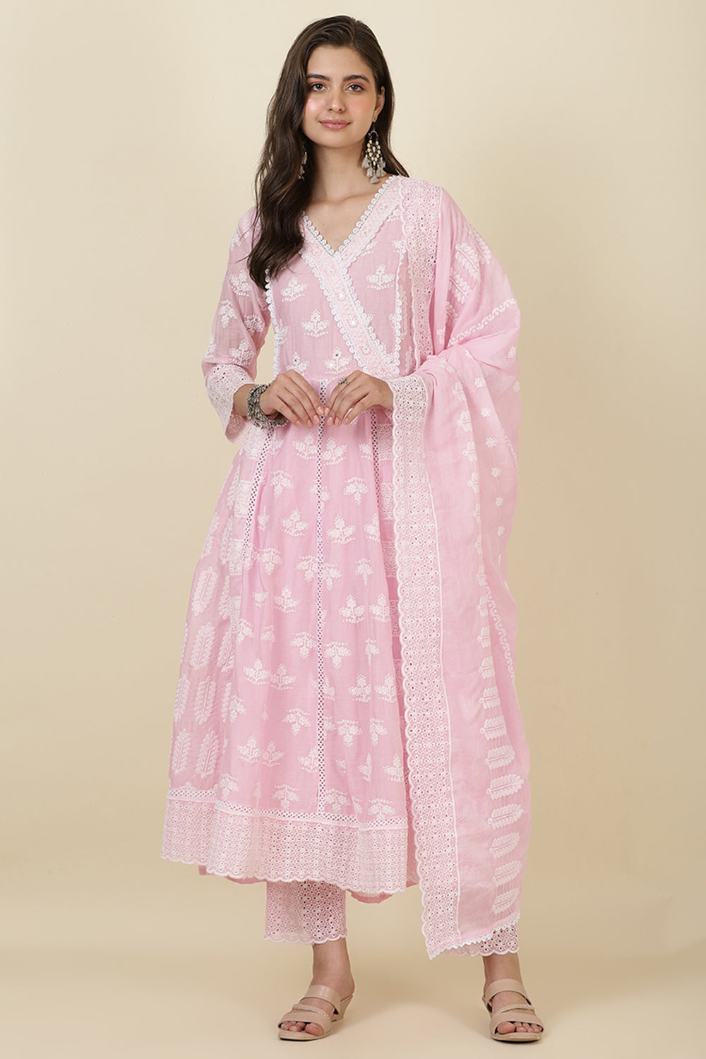 Pink Cotton Resham Embroidered and Lace Work Anarkali Suit