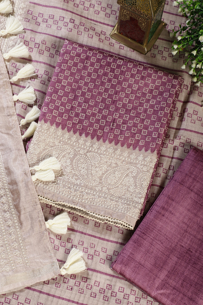 Purple Tussar Cotton Printed And Reham Embroidered Unstiched Suit Material