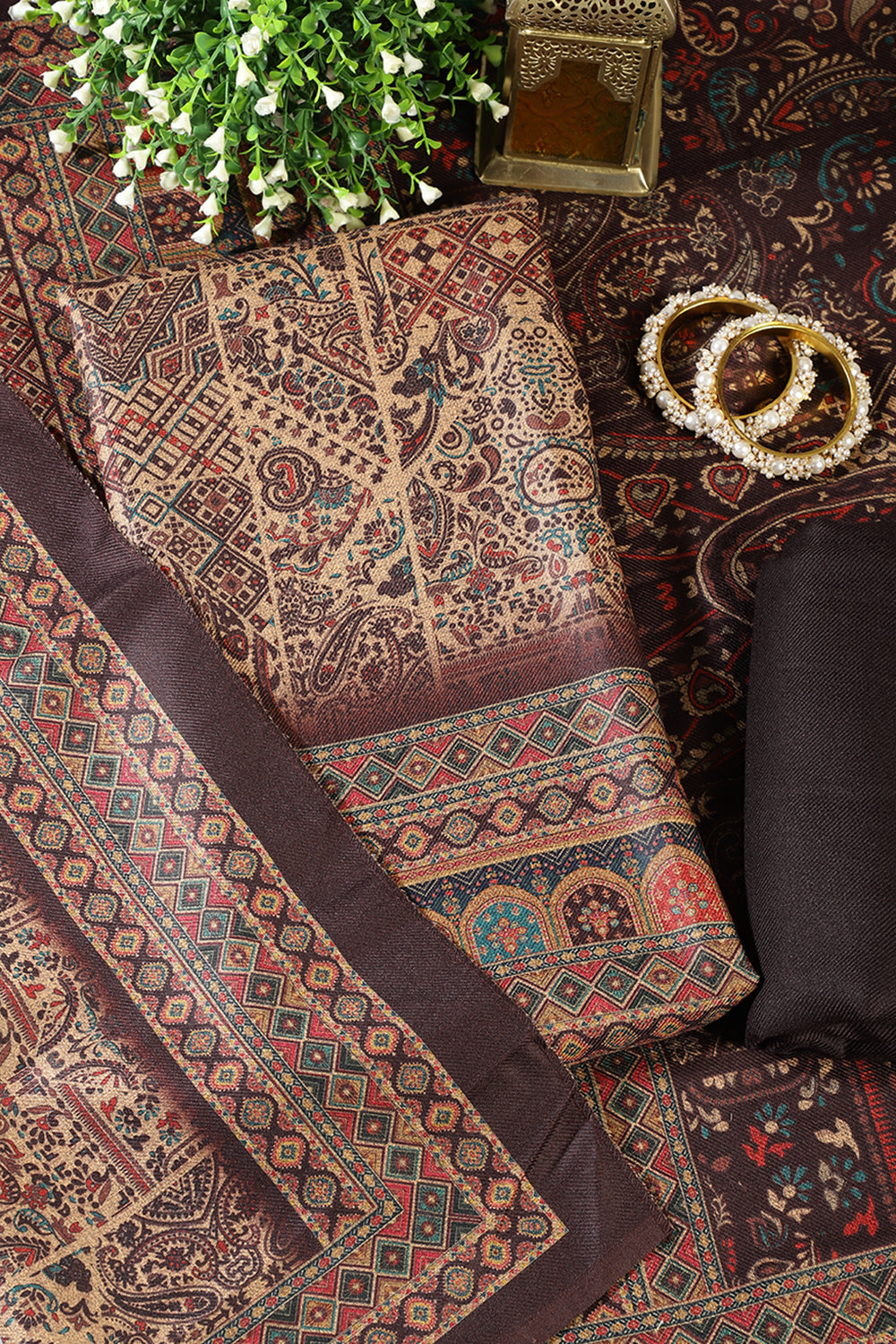 Brown Pashmina Digital Printed Unstitched Suit Material