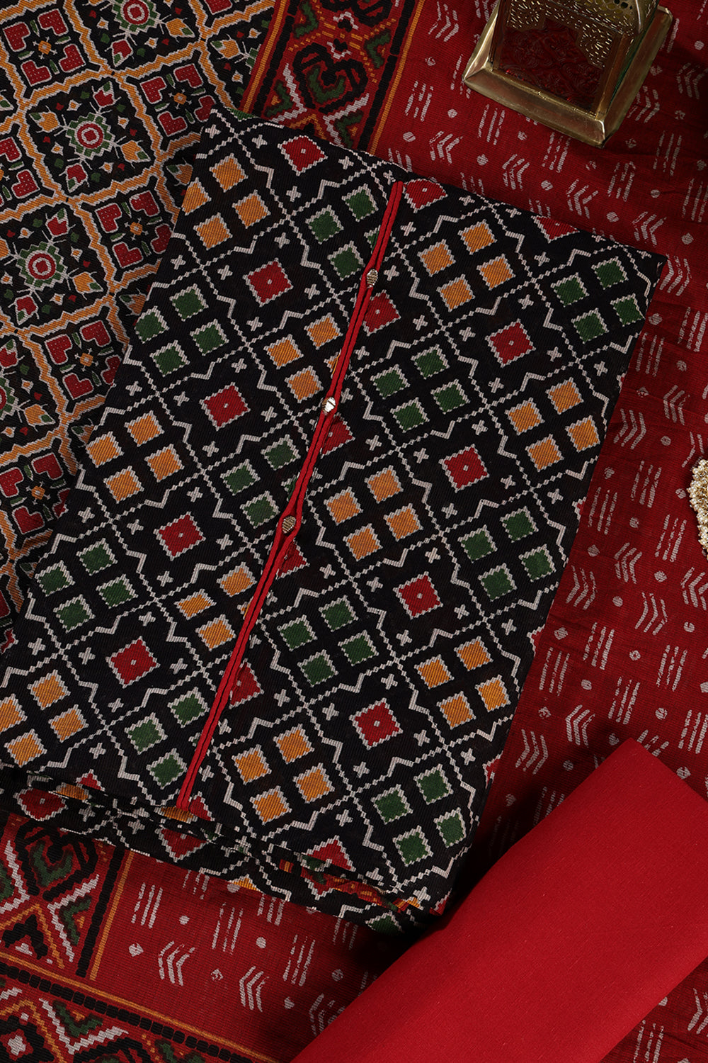 Black Printed Ikkat Cotton Unstitched Suit Material