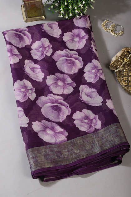 Purple Chiffon Floral Printed Saree