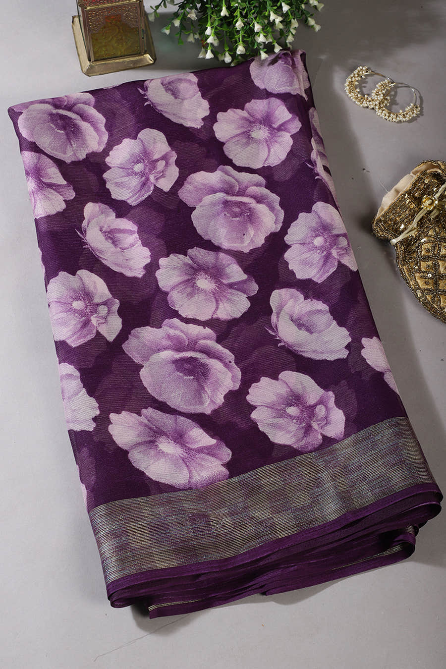 Purple Chiffon Floral Printed Saree