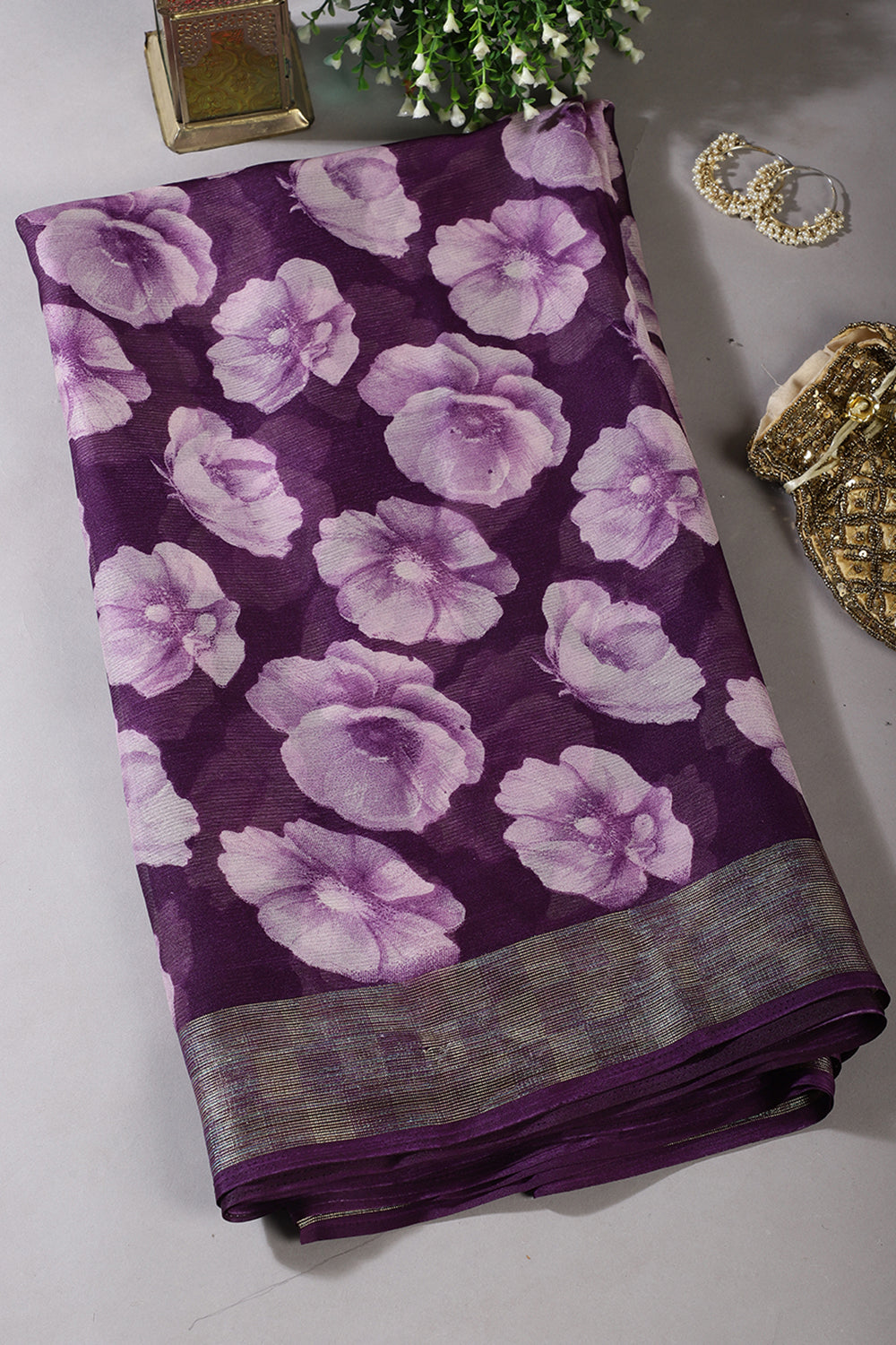 Purple Chiffon Floral Printed Saree