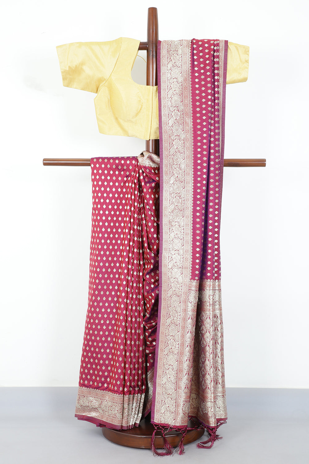 Wine Silk Zari Woven And Swaroski Work Saree