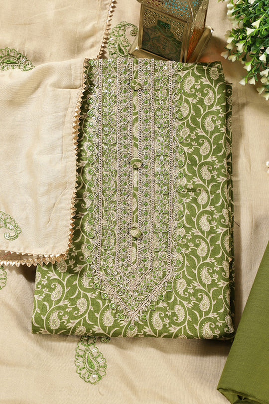 Green Cotton Digital Buta-Printed & Neck Embroidered Unstitched Suit