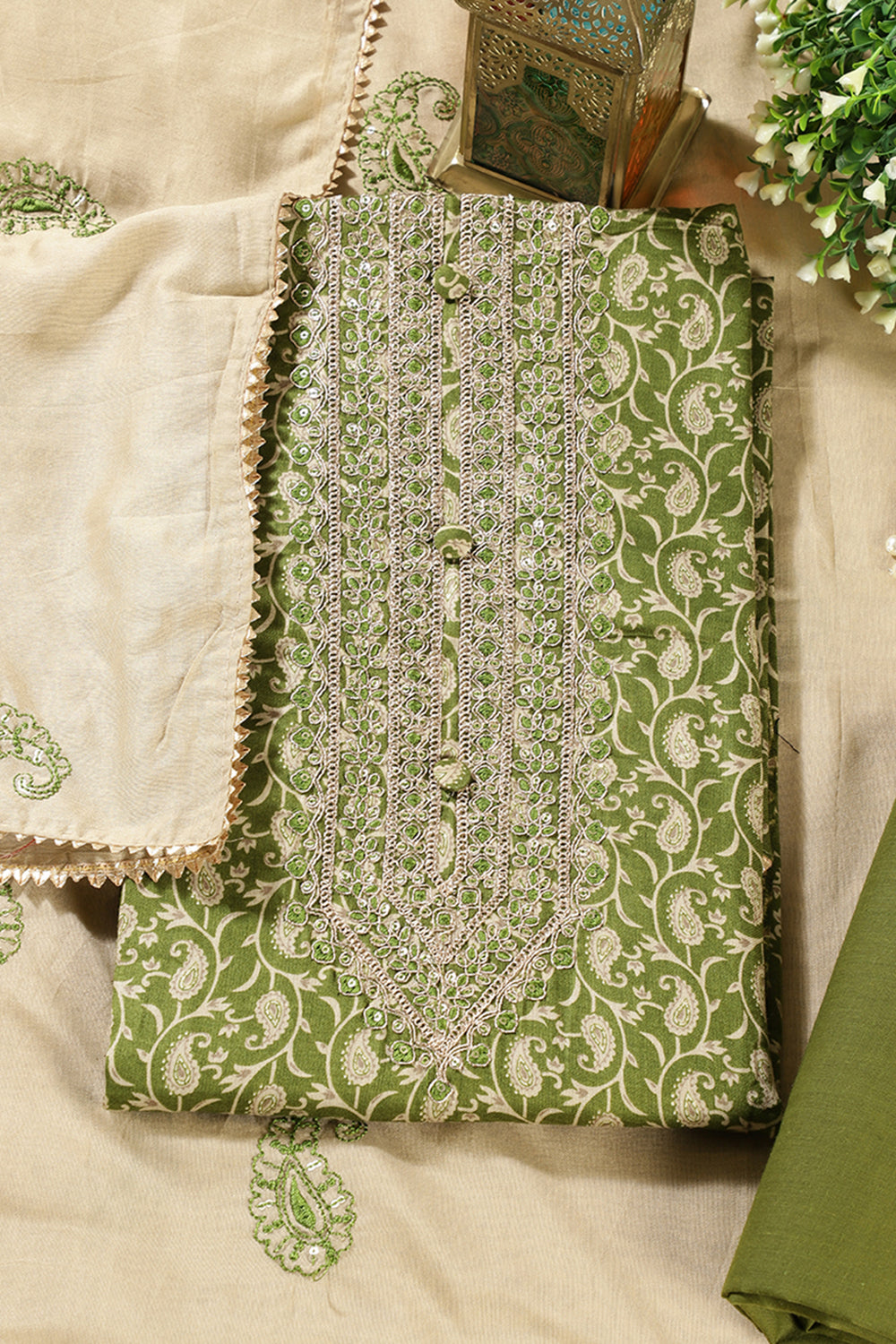 Green Cotton Digital Buta-Printed & Neck Embroidered Unstitched Suit