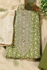 Green Cotton Digital Buta-Printed & Neck Embroidered Unstitched Suit