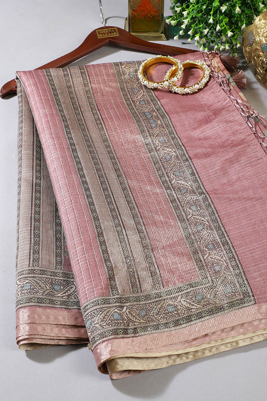 Dusty Pink Floral Printed Metallic Tissue Saree