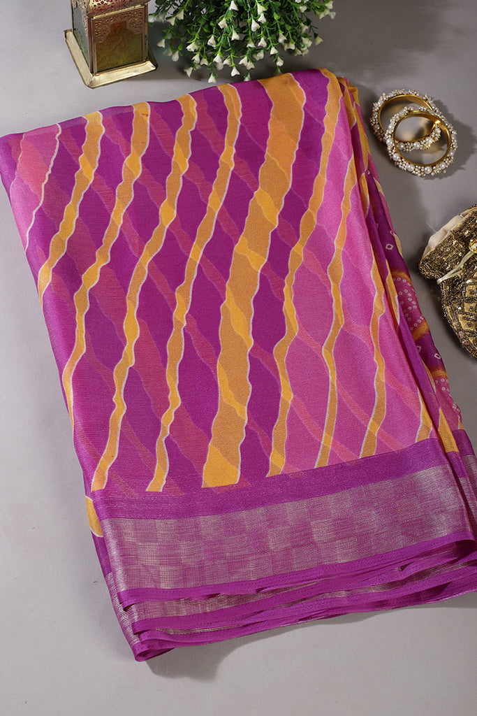 Purple & Yellow Color Chiffon Printed Saree