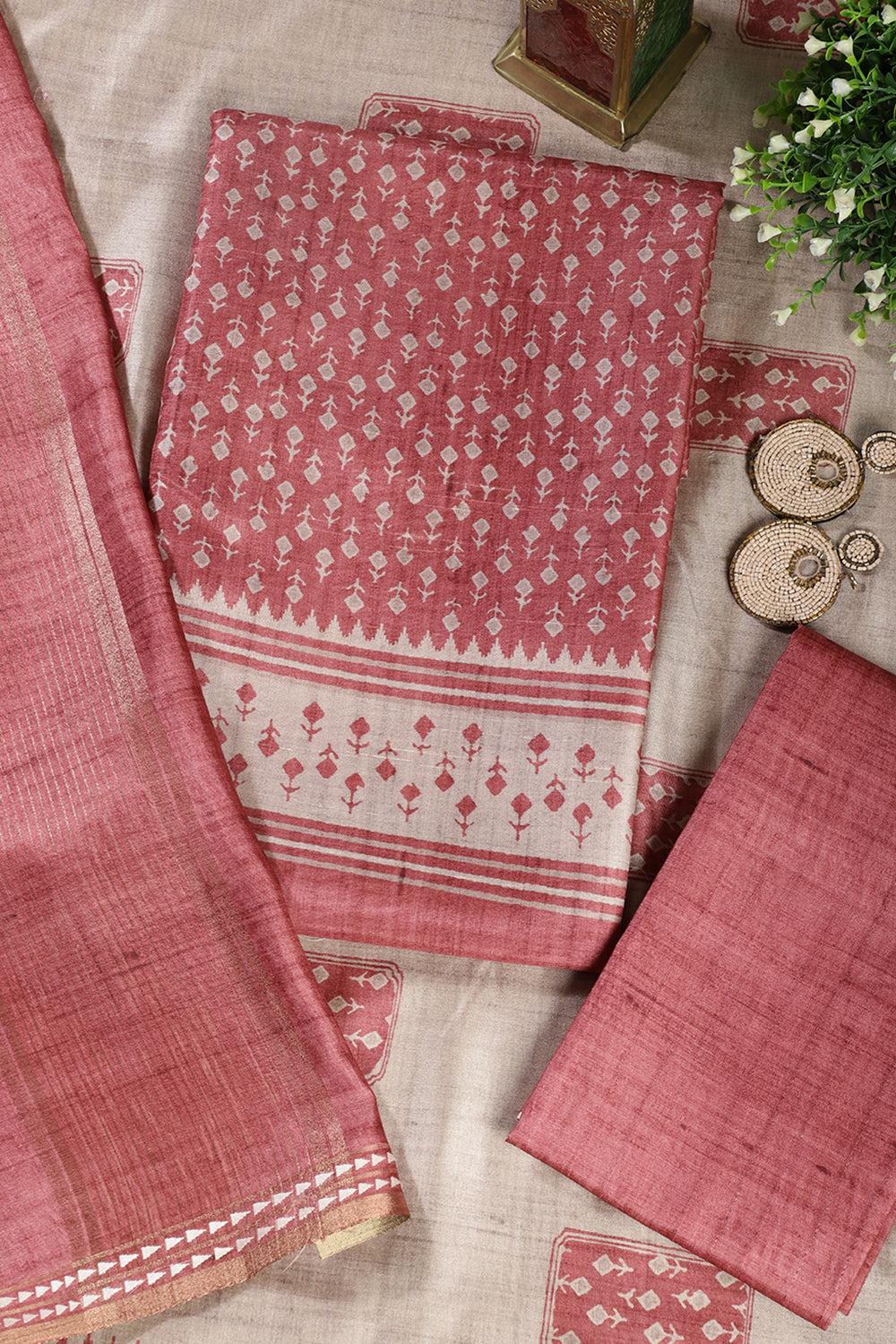 Light Maroon Tussar Cotton Printed Unstiched Suit Material