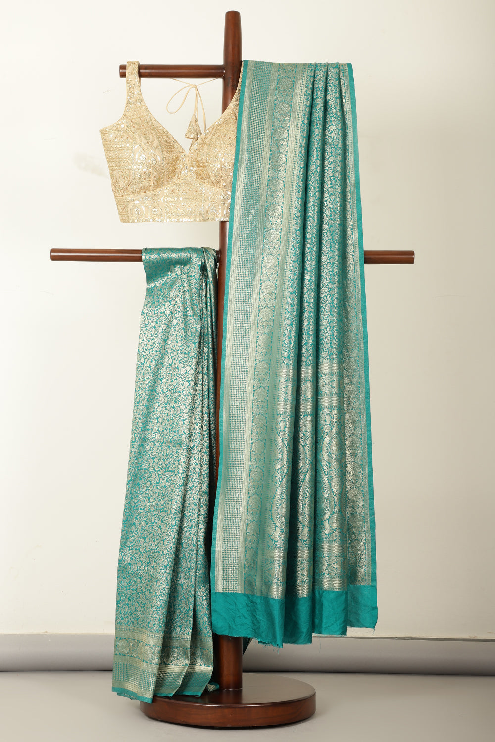 Teal Silk Zari Floral Zaal Woven Saree