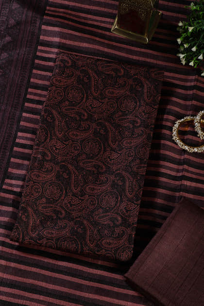 Wine & Black Digital Printed Chanderi Cotton Unstiched Suit Material