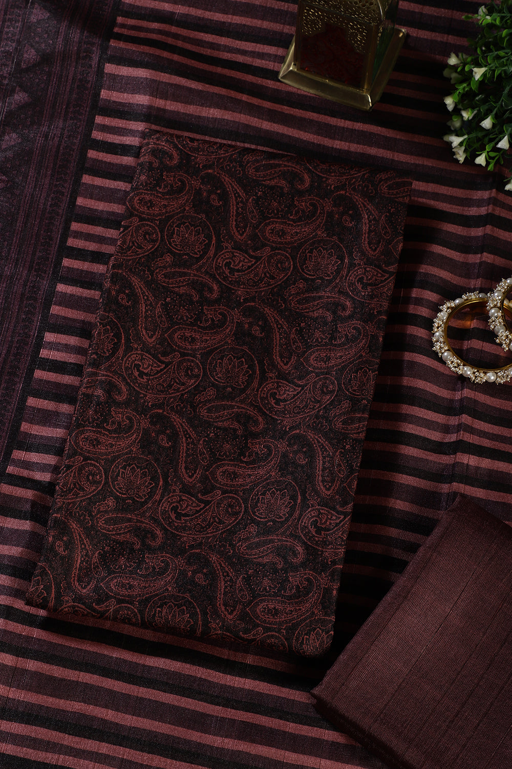 Wine & Black Digital Printed Chanderi Cotton Unstiched Suit Material