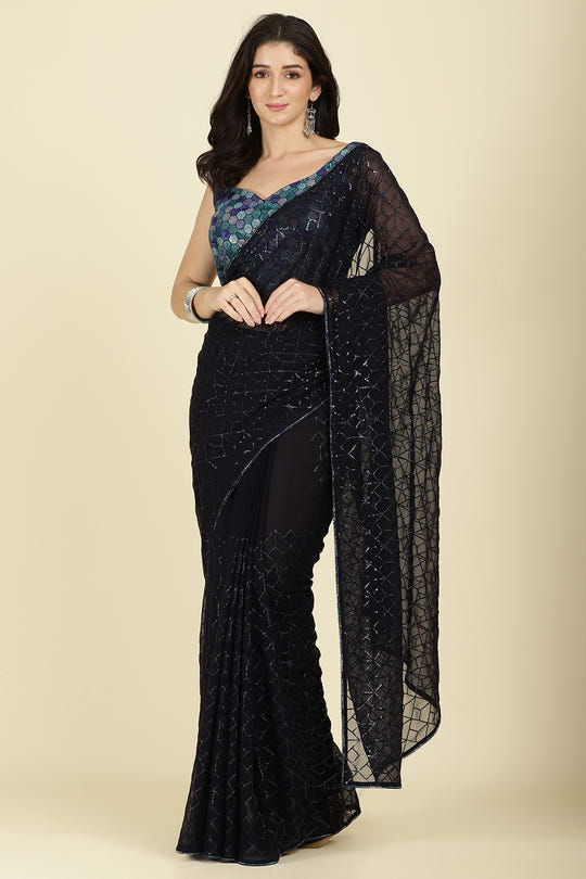 Navy Georgette Sequins Embroidered Saree With Stone Work Readymade Blouse