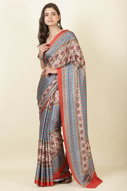 Teal & Beige Crepe Printed Saree