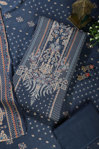 Blue Mughal-Inspired Paisley Printed Spun  Unstitched Suits Fabric