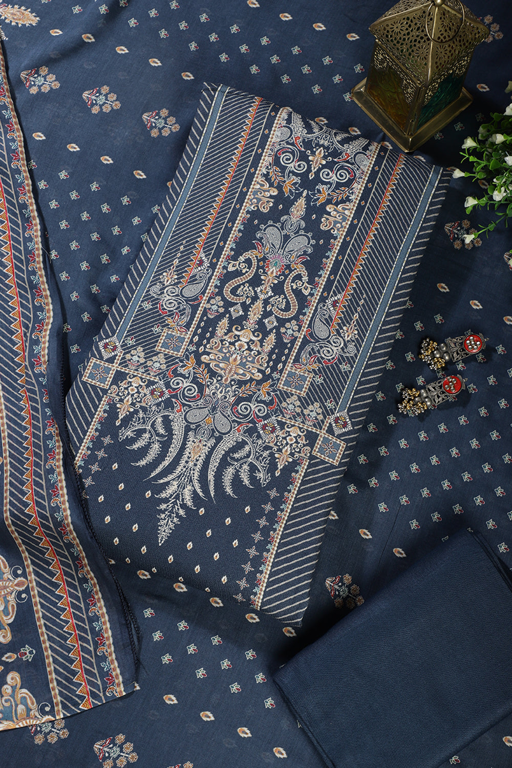 Blue Mughal-Inspired Paisley Printed Spun  Unstitched Suits Fabric