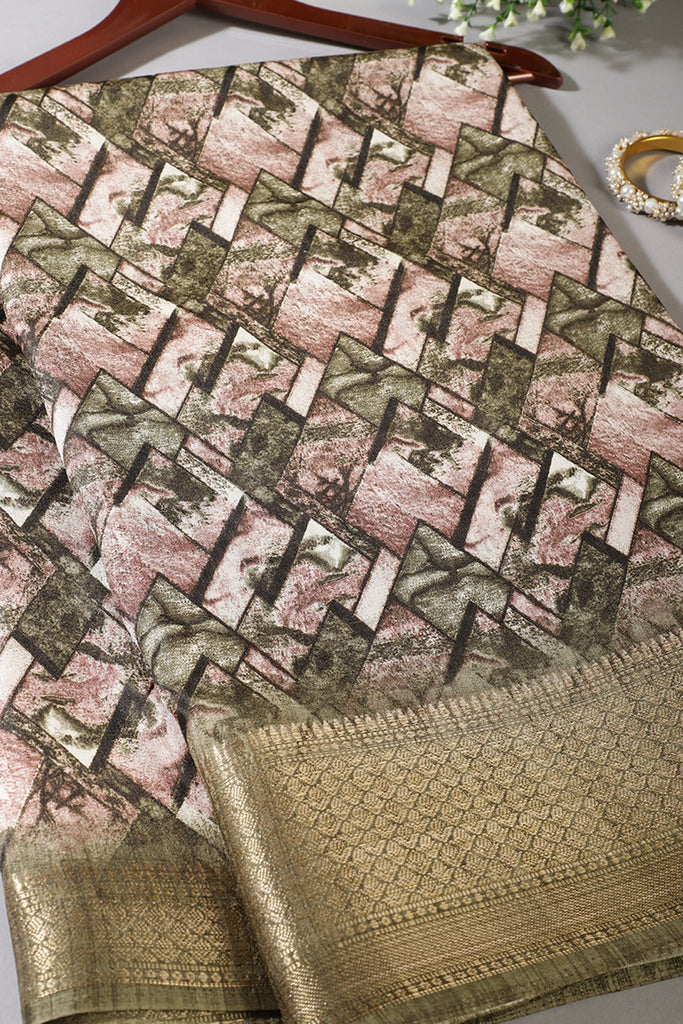 Green Colour Cotton Silk Abstract Printed Saree