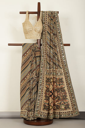 Black Color Pure Crepe Digital & Hand Print Saree with Mirror and Beads Handwork By Tarun Tahiliani Designer Collection