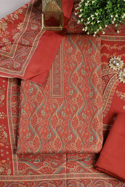 Rust Color Pashmina Digital Printed Unstitched Suit Material