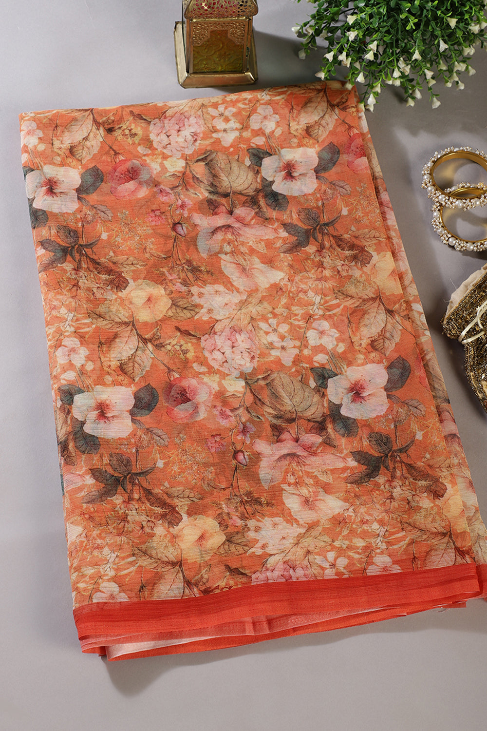 Orange Color Floral Printed Chiffon Saree