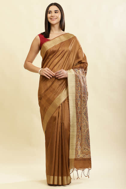 Brown Color Cotton Silk Madhubani Print Saree