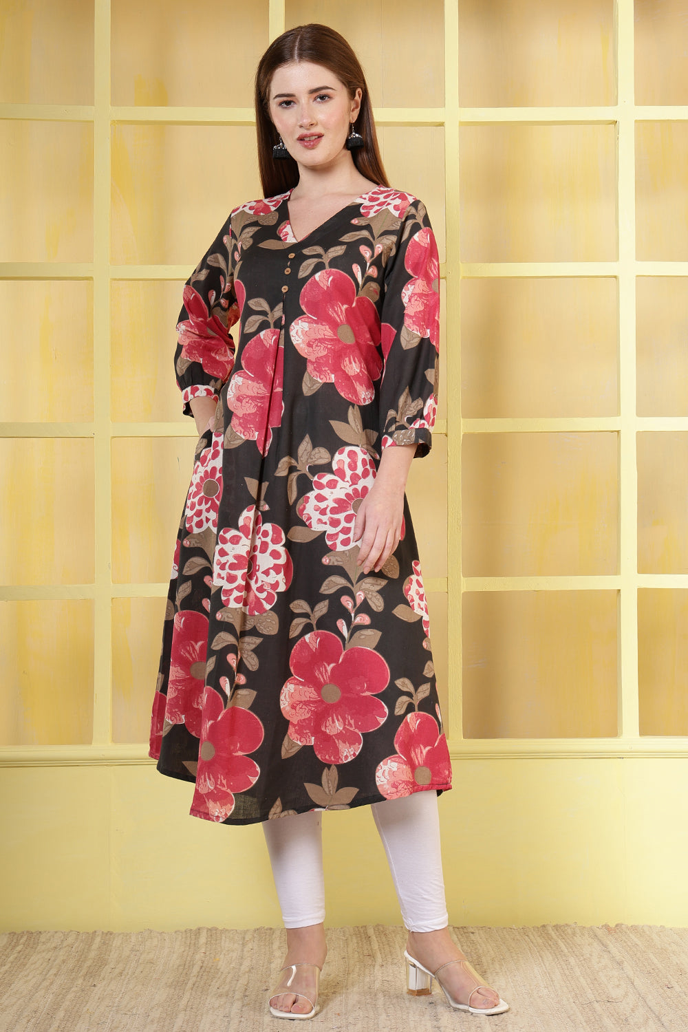 Black Cotton Floral Printed Kurta