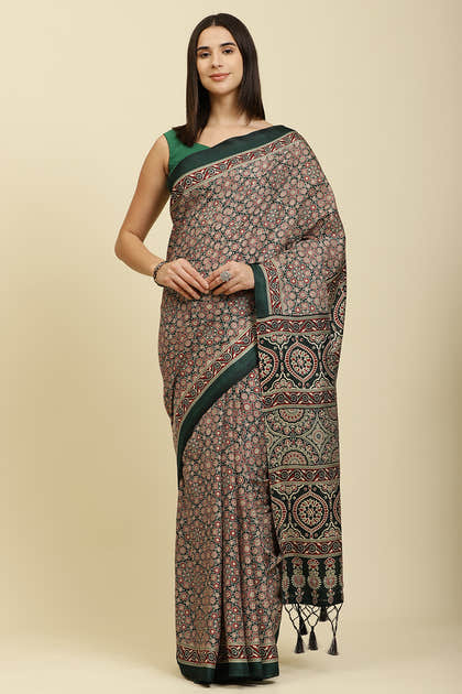 Bottle Green Cotton Silk Ajrakh Block Printed Saree