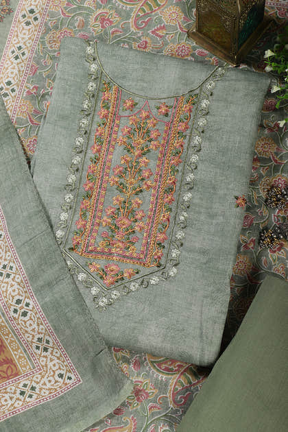 Green Cotton Resham Embroidered Unstitched Suit