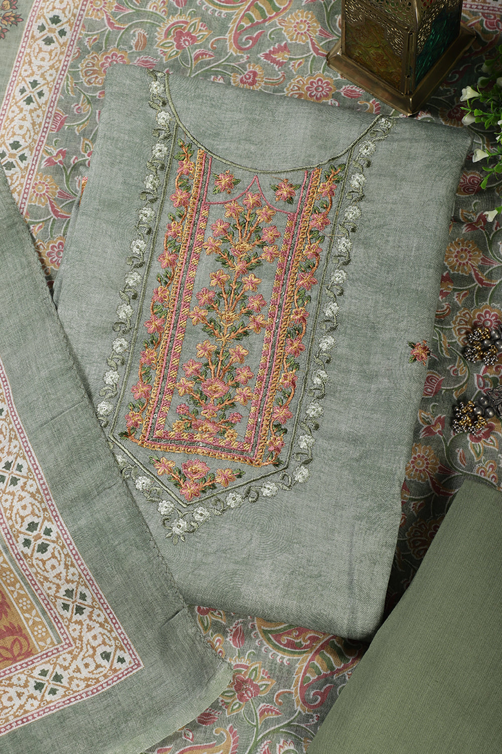 Green Cotton Resham Embroidered Unstitched Suit