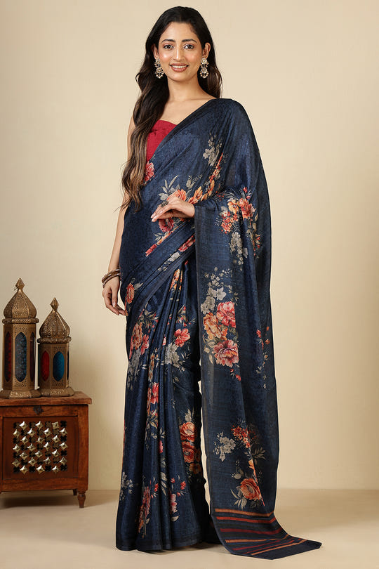 Navy Jacquard Silk Printed Saree